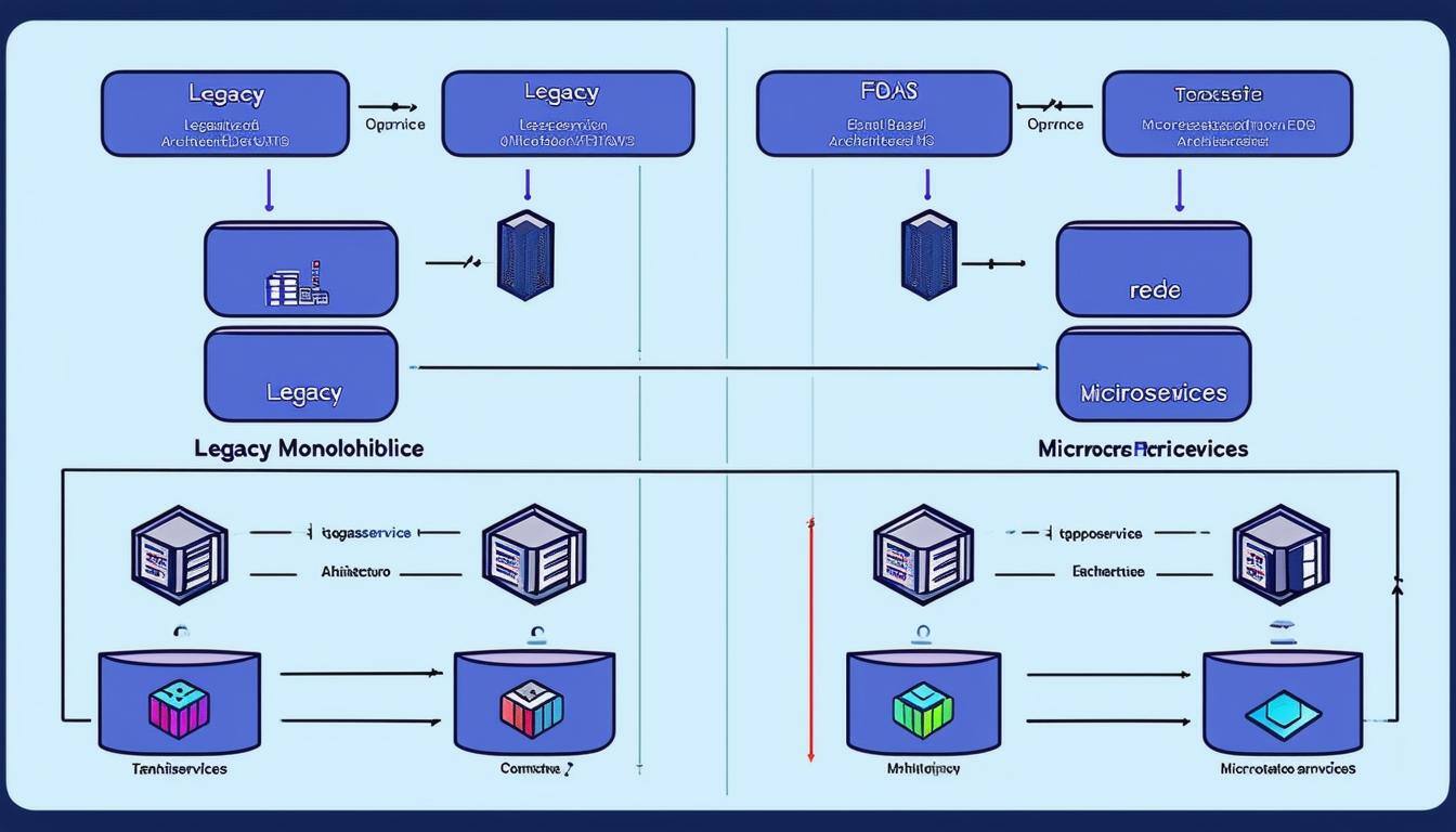 A diagram showing a legacy monolithic architecture transitioning to a microservicesbased architecture-1