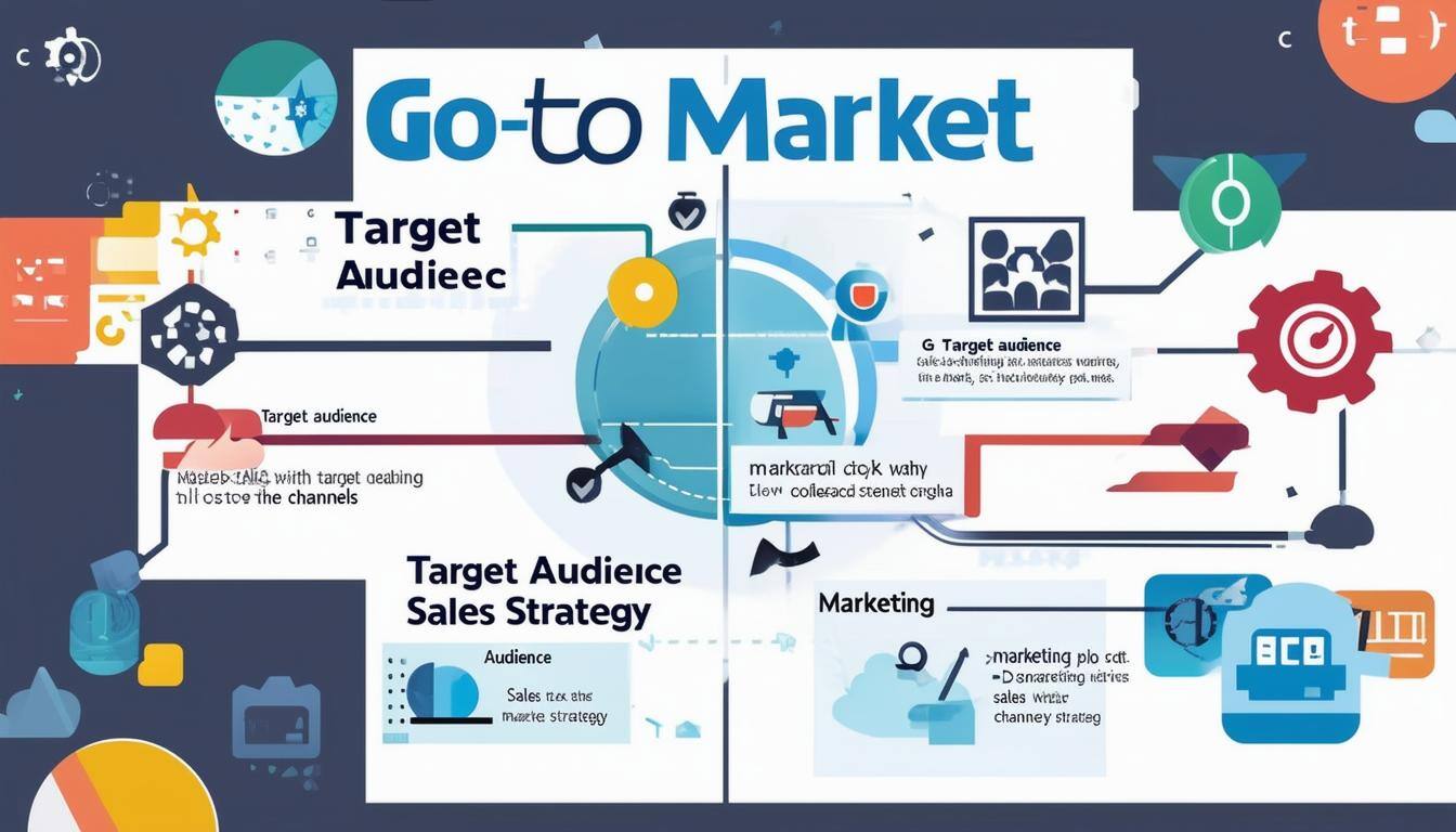 A graphic outlining a gotomarket strategy, showing the key components target audience, marketing channels, and sales strategy