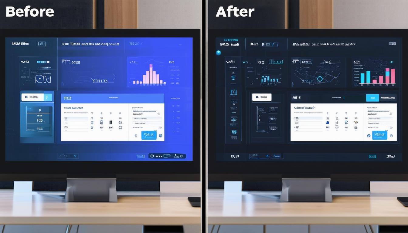 A sidebyside image showing the before and after of a user interface or a software dashboard