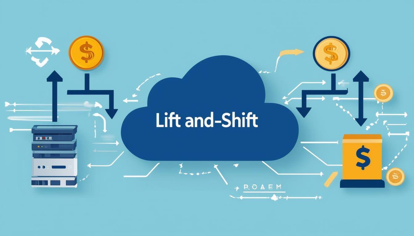 A visual showing the migration of a legacy system to the cloud, with arrows indicating liftandshift from old infrastructure to cloudbased platforms.