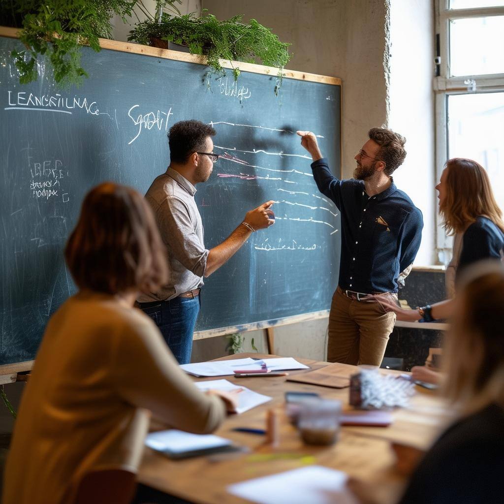 Collaborative meeting with several people sharing a chalkboard