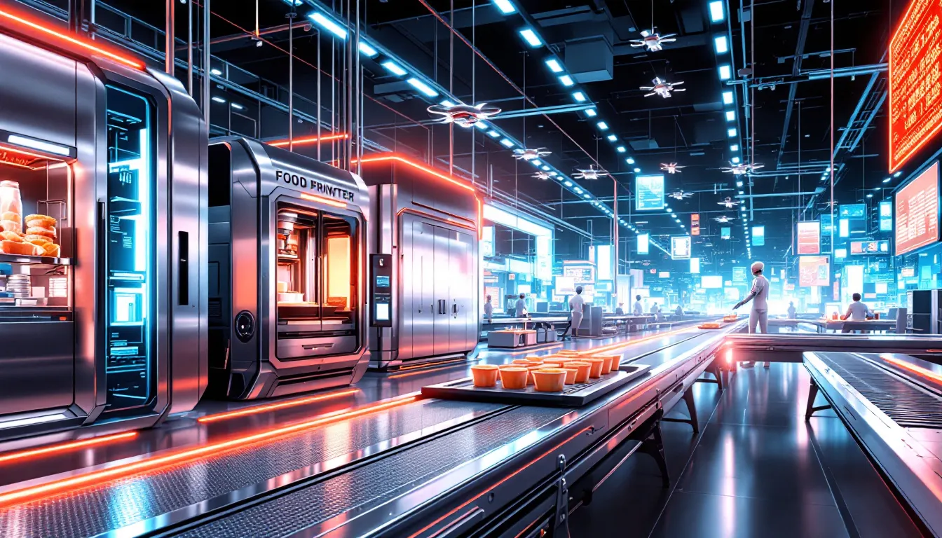 A futuristic concept image representing key trends in food and beverage manufacturing software for 2024.