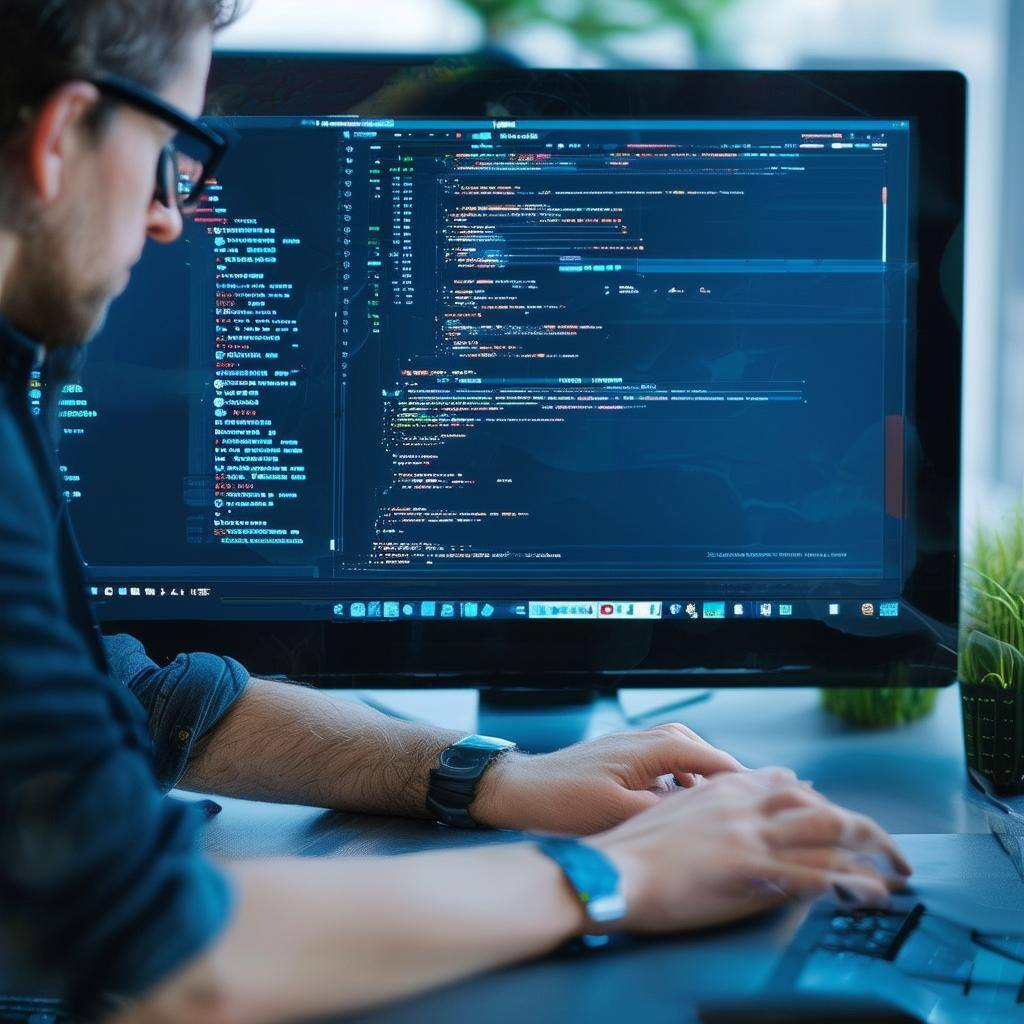 Man typing on computer with code showing on the screen.