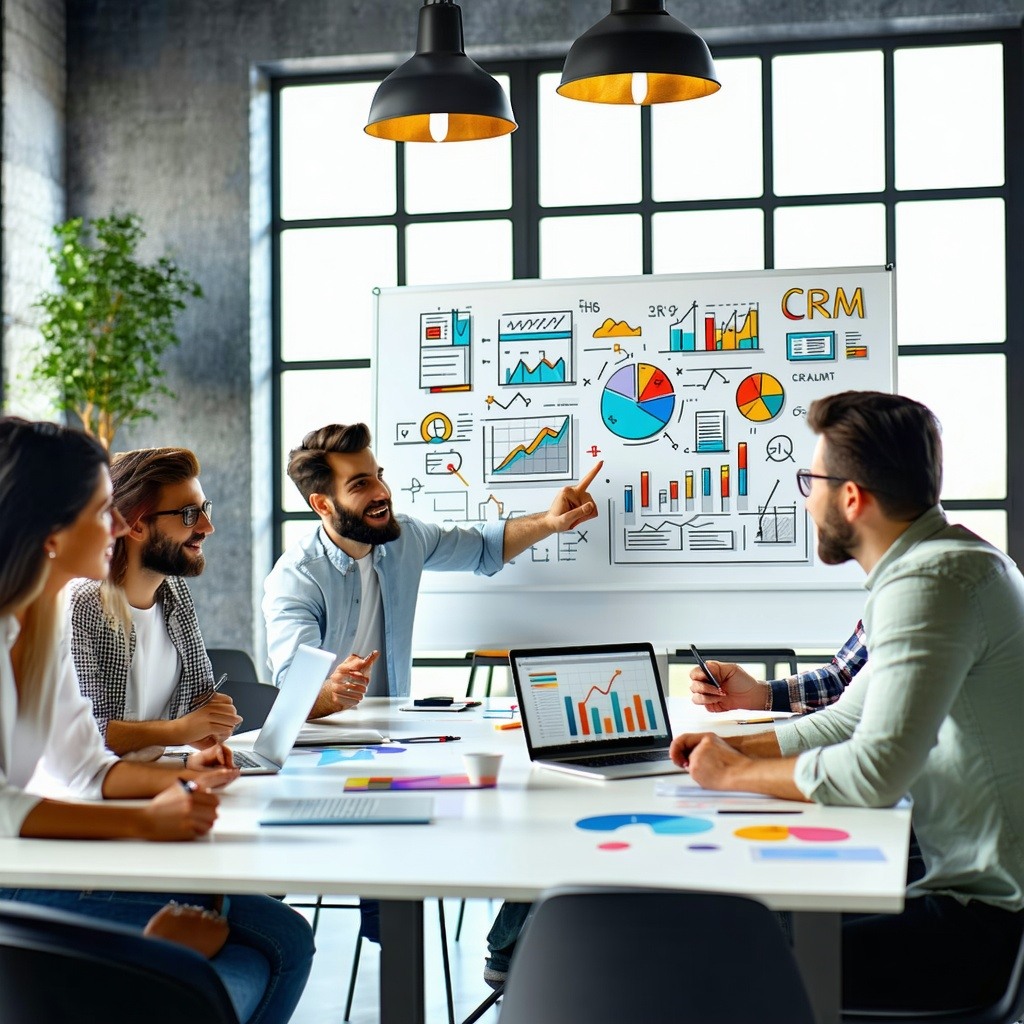 Group of people sitting at a table pointing at a board.