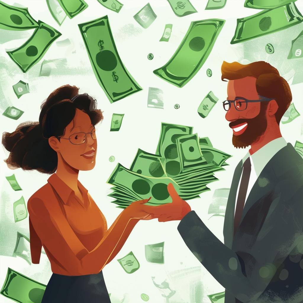 A woman and a man holding a pile of money with additional money falling from the sky.