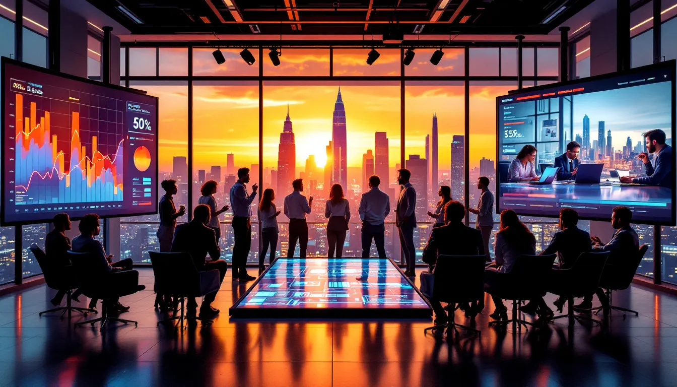 People gathered together looking out of a window next to several computers and monitors.